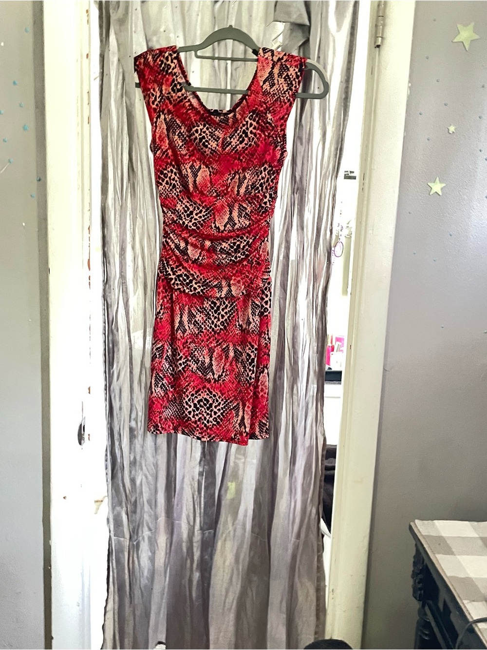 Red Animal-Print Sleeveless Ruched Mini Dress